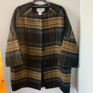 Helene Berman Stunning Overcoat 3/4 Sleeves Wool Blend Plaid Oversized Size M